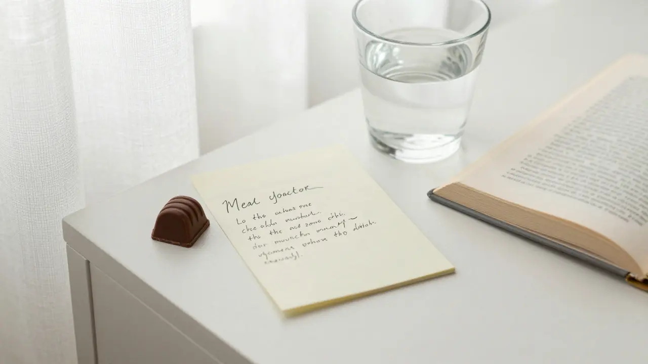 A handwritten note and chocolate on a nightstand, morning light streaming through curtains after an intimate evening.
