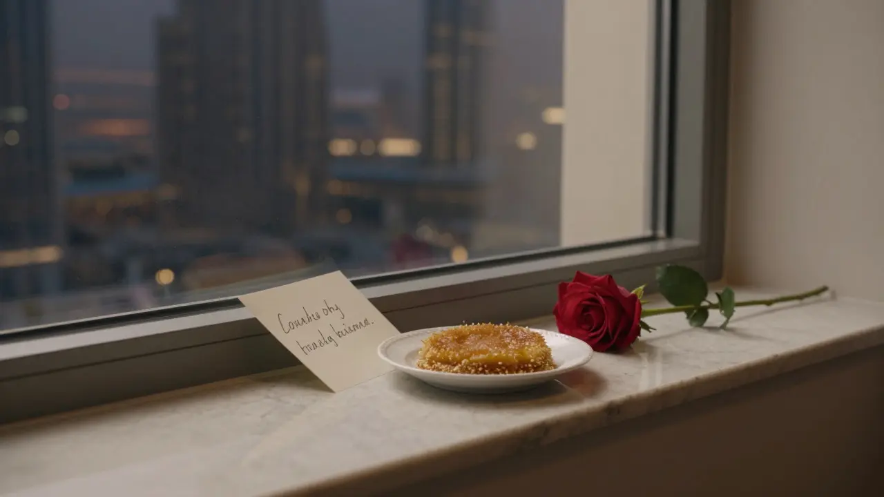 A handwritten note and kunafa on a windowsill with a rose, overlooking Dubai’s night skyline.