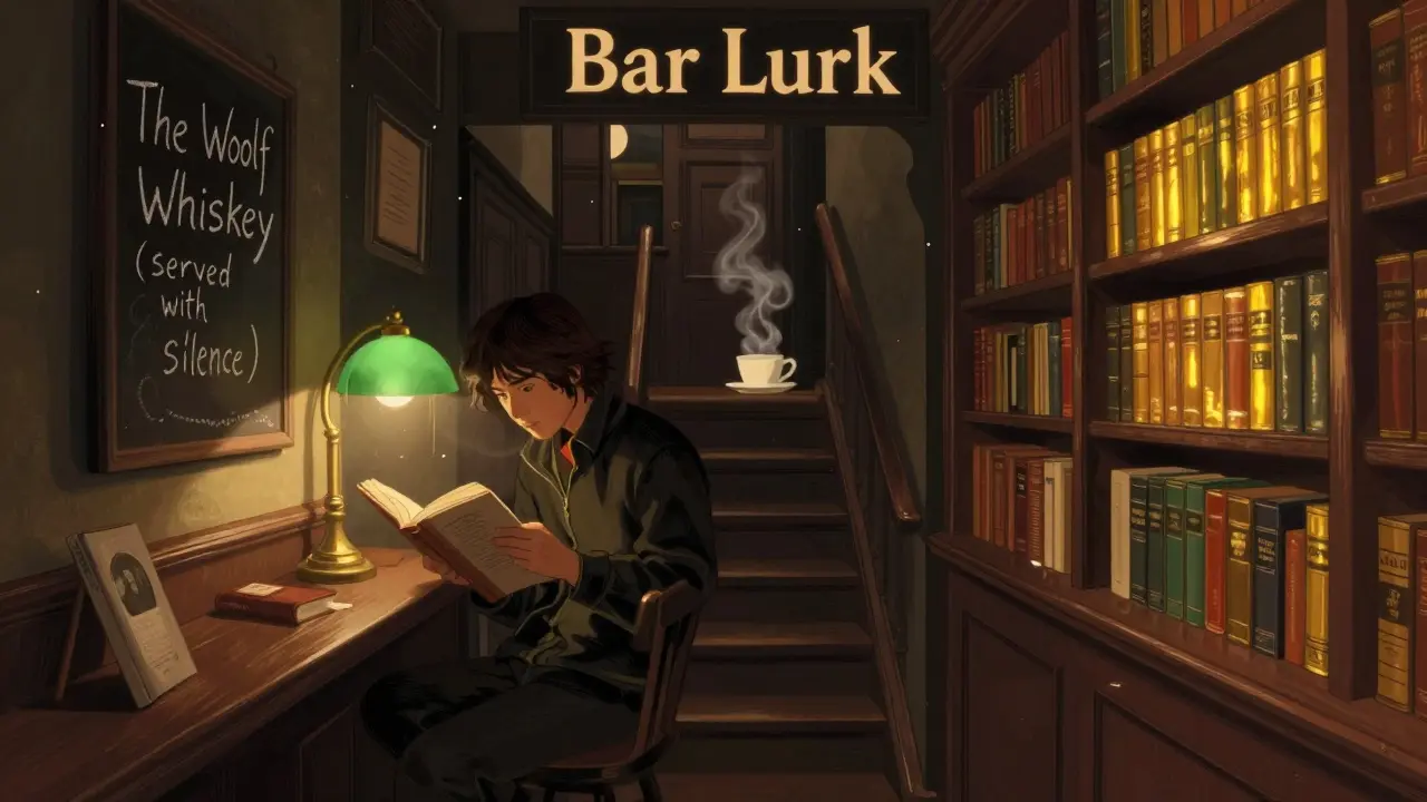 A hidden basement bar lined with first edition books, a person reading aloud under a green lamp.
