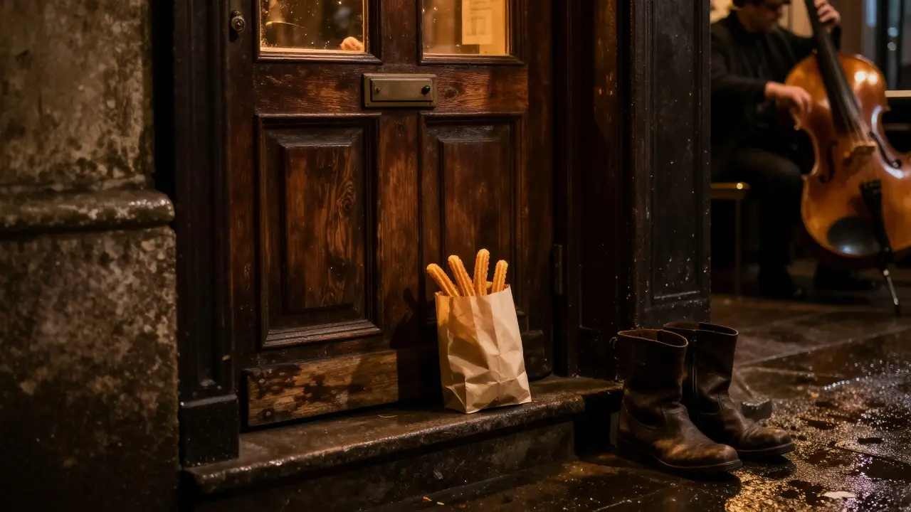A hidden speakeasy door at night with no sign, a paper bag of churros on the step, soft light spilling onto wet cobblestones.