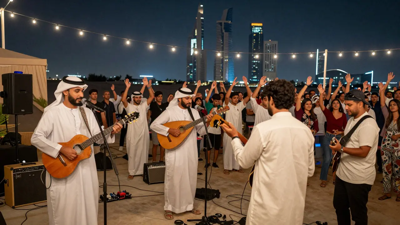 A local band plays fusion music at The Yard under string lights, diverse crowd dancing under the Abu Dhabi night sky.