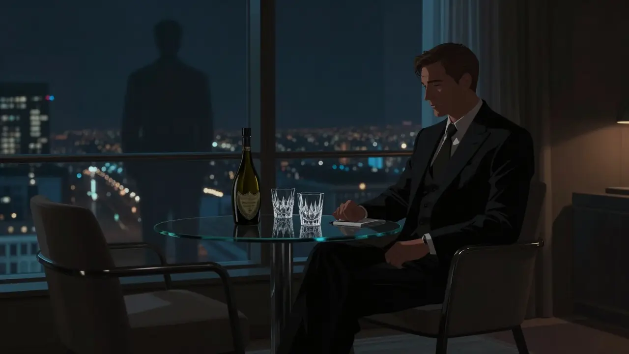 A lone man in a penthouse suite with an empty chair, city lights glowing behind him in noir style.