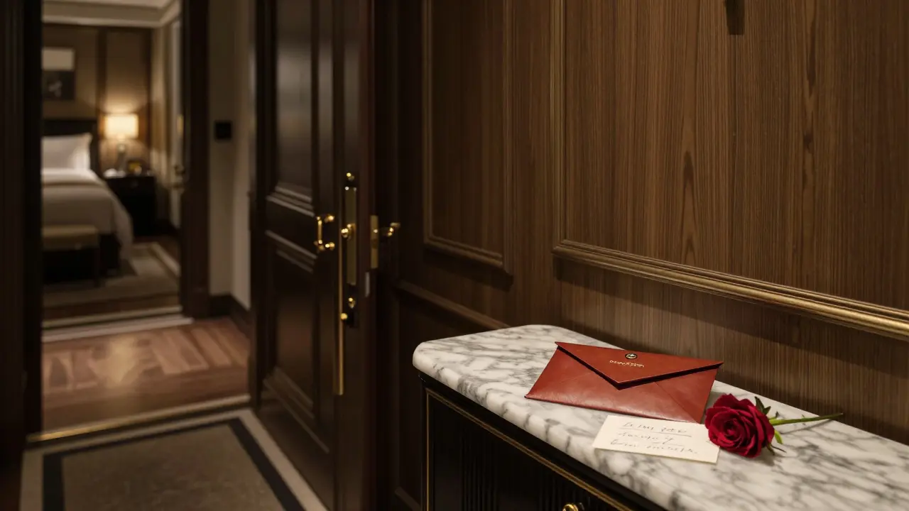A luxury hotel suite entrance with a leather envelope and rose on marble, no faces visible.