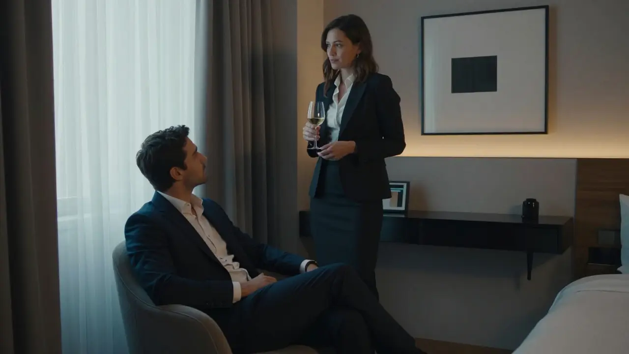 A man and woman having a respectful, quiet conversation in a hotel room in Milan.