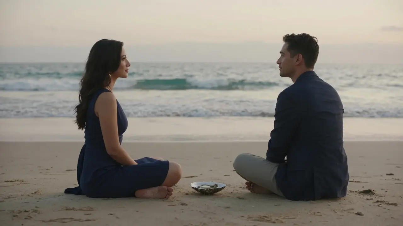A man and woman sitting silently on a quiet beach at sunset, barefoot in the sand, no faces visible.