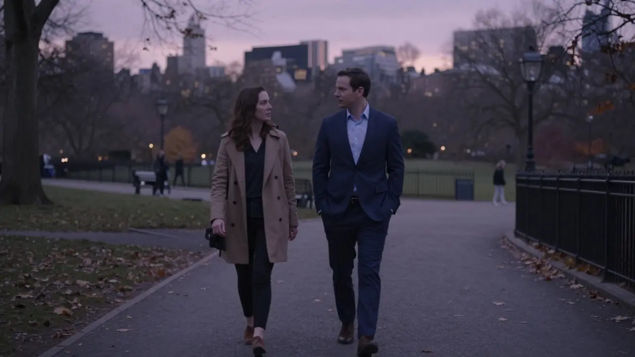 A man and woman walk side by side through Hyde Park at dusk, companionship without words, city lights glowing softly in the background.