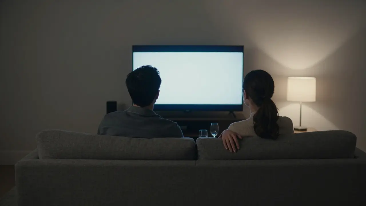 A man and woman watch a silent film together on a sofa in a cozy London flat, sharing quiet presence, no intimacy, just peace.