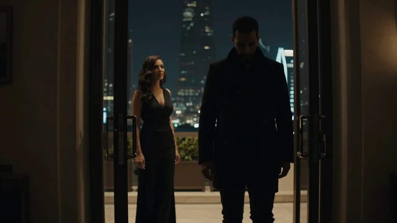 A man leaving a hotel at night as a woman watches from the doorway, conveying quiet gratitude and dignity.