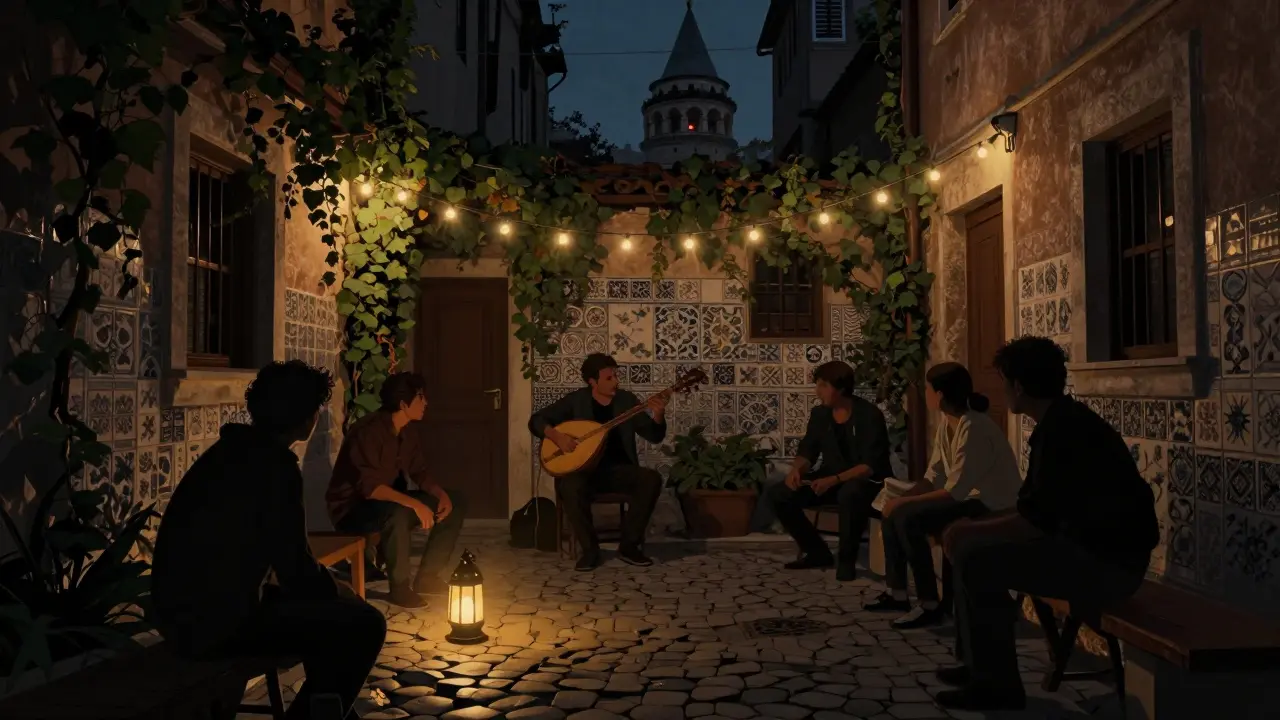 A musician playing saz in a hidden courtyard under lantern light, surrounded by quiet listeners in Beyoğlu.