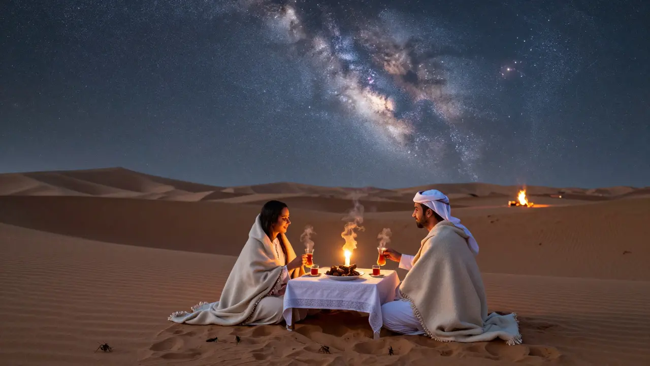 A private desert dinner under a starry sky with candlelight and fire.