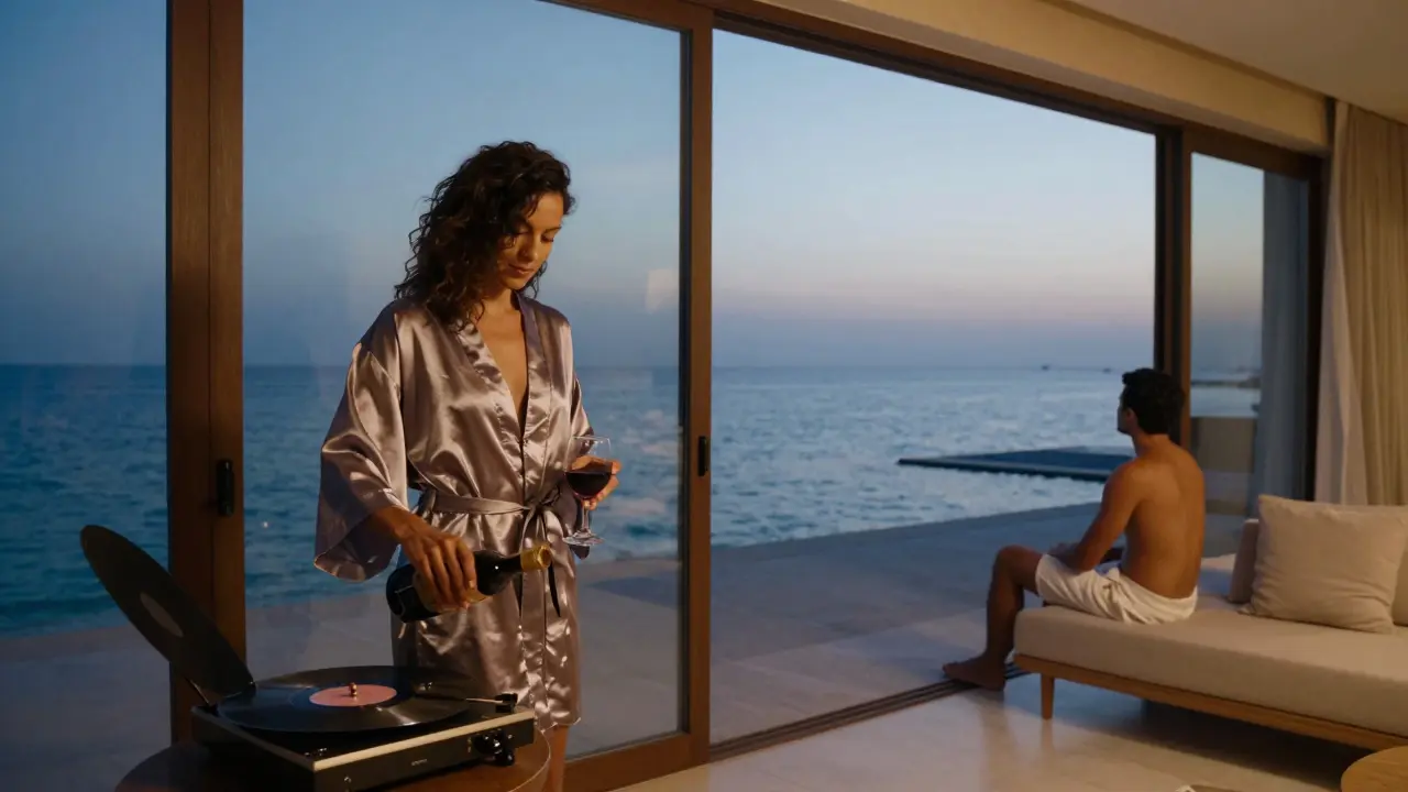 A private villa at twilight with wine and jazz, serene ocean view through large windows.