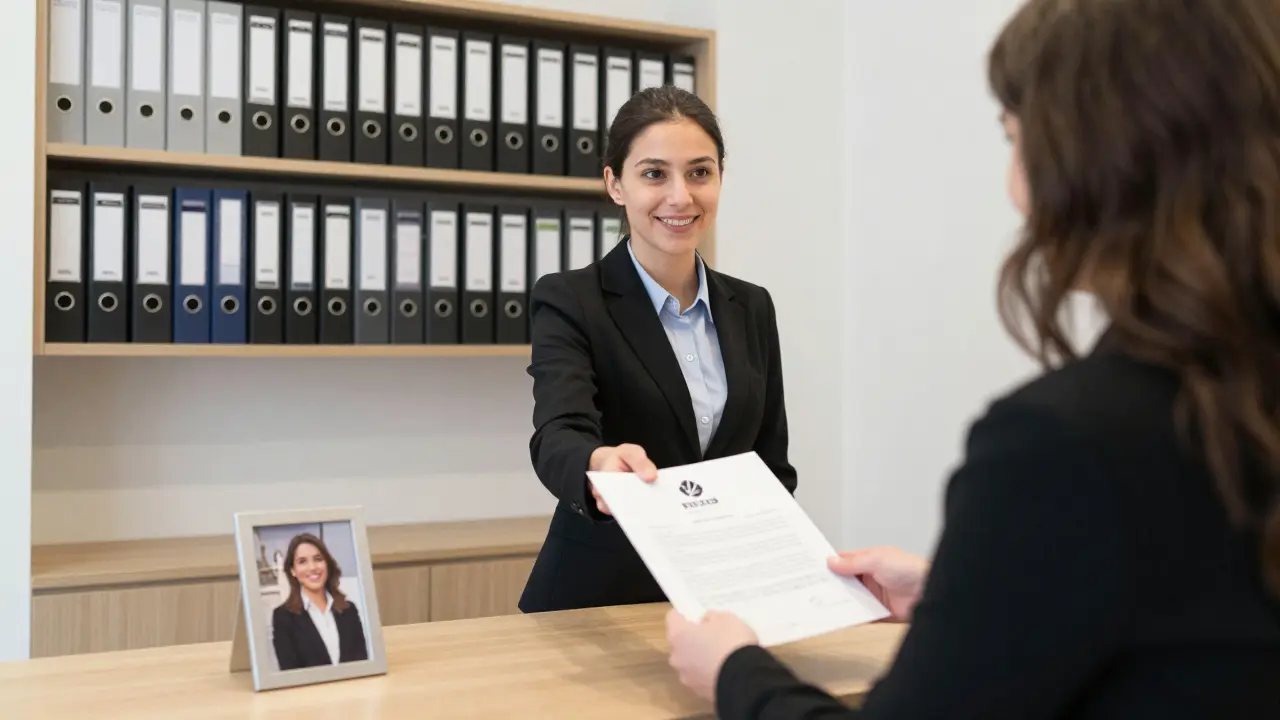 A professional agency office in Milan with discreet client files and minimal decor.
