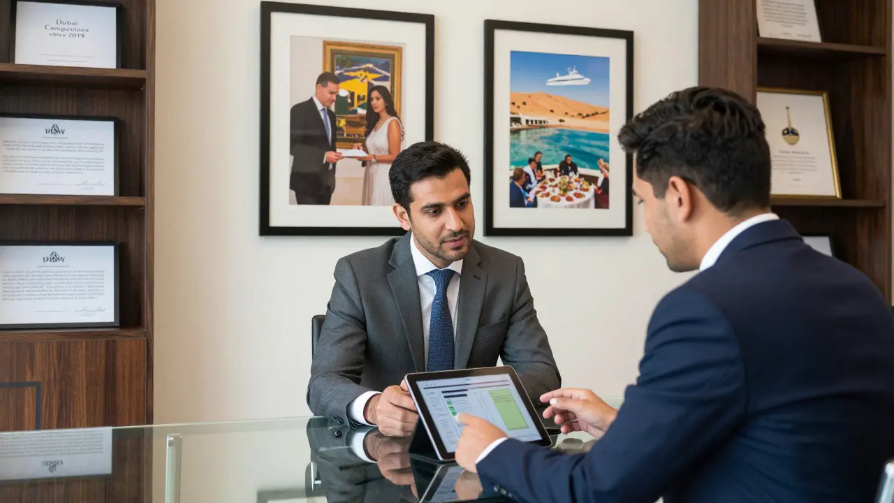 A professional consultant reviewing a personalized Dubai itinerary with a client in a sleek office.
