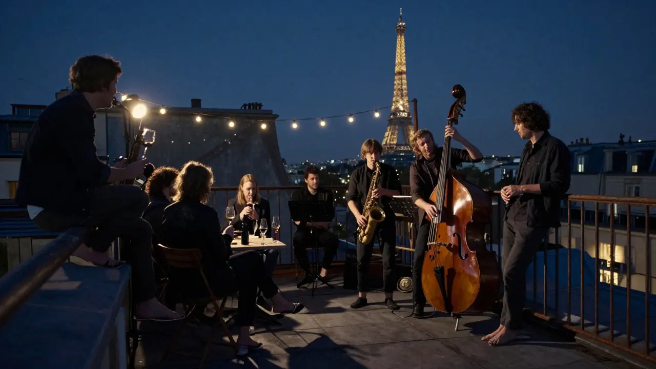 A quiet rooftop jazz club at night with string lights and patrons sipping wine under the Paris skyline.