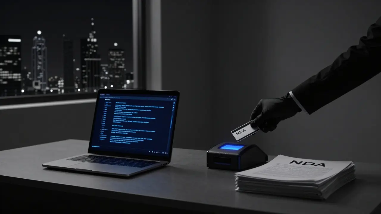 A secure agency office with encrypted devices and signed confidentiality documents, symbolizing privacy and exclusivity.