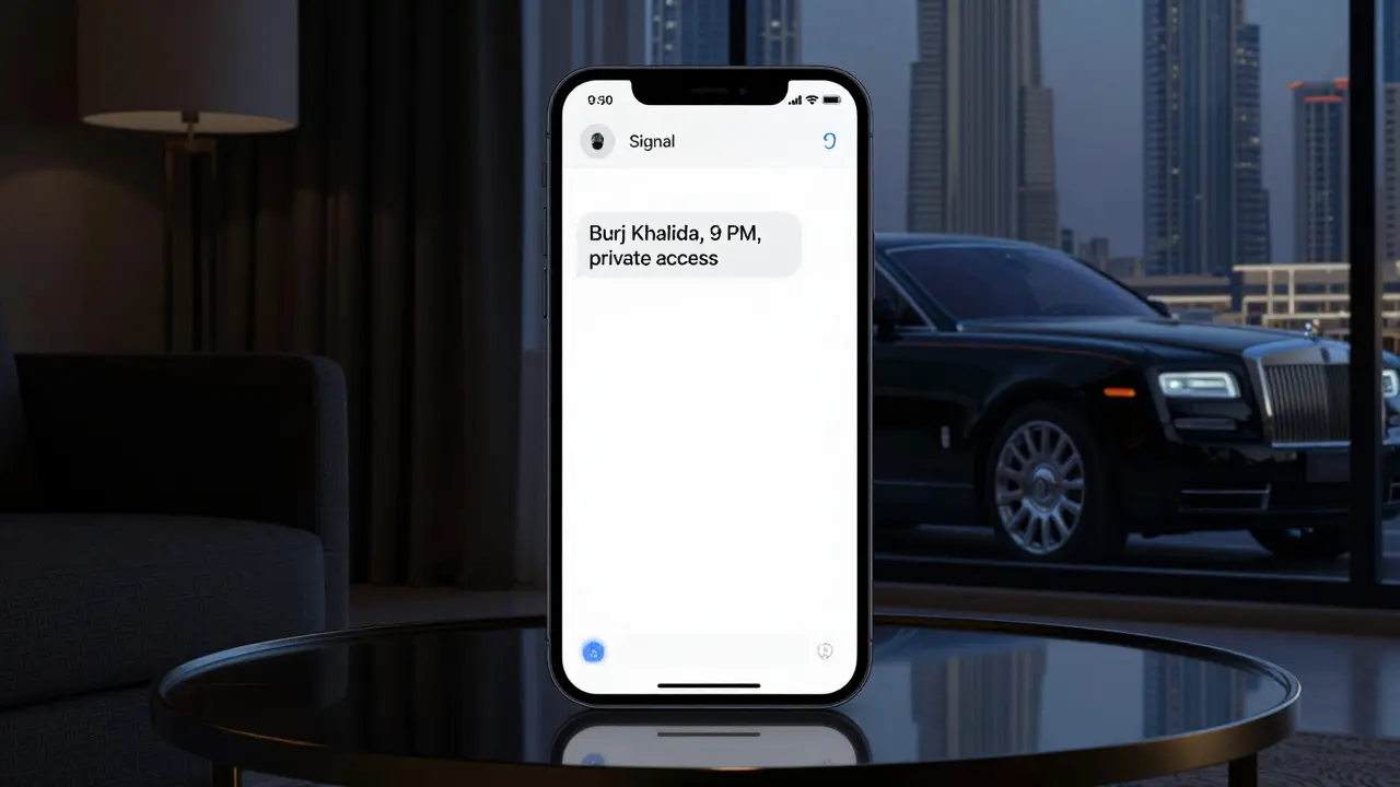 A smartphone screen showing encrypted message about a discreet Dubai meeting, reflected on a dark table.