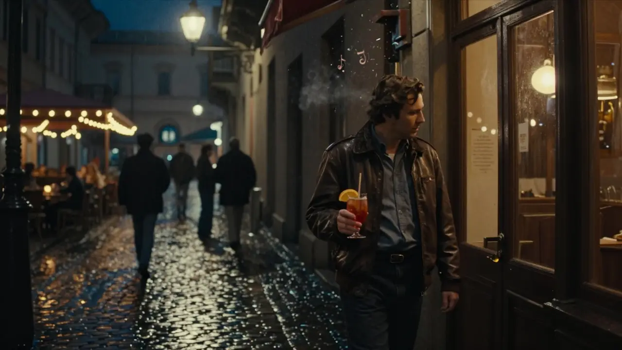 A solitary figure walking down a rainy Brera street at night, jazz music drifting from a window.