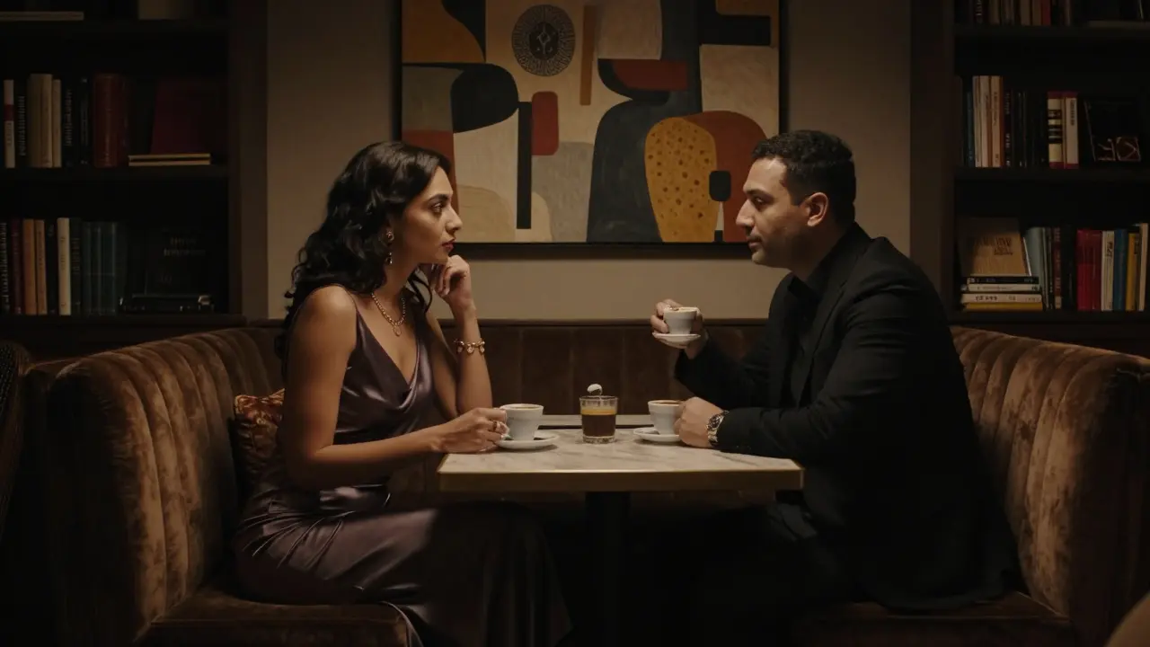 A sophisticated couple engaged in thoughtful conversation in a quiet art lounge in Alserkal Avenue.