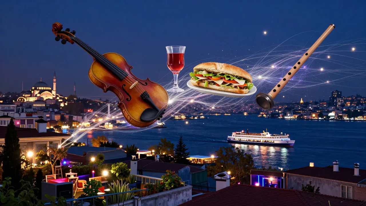 A surreal tapestry of Istanbul’s nightlife elements—raki, music, food, and ferries—glowing against a midnight sky.