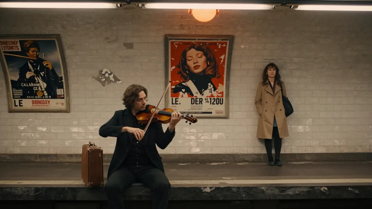 A violinist plays Debussy on a quiet Paris Metro platform, a local woman listening with eyes closed, vintage posters on the walls.