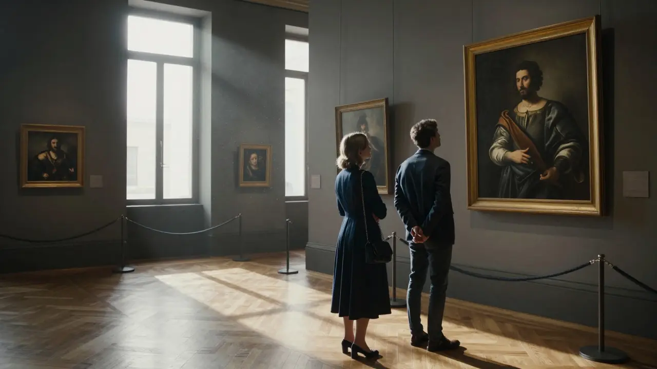 A visitor and companion viewing a Caravaggio painting in the empty Brera Gallery at dawn.