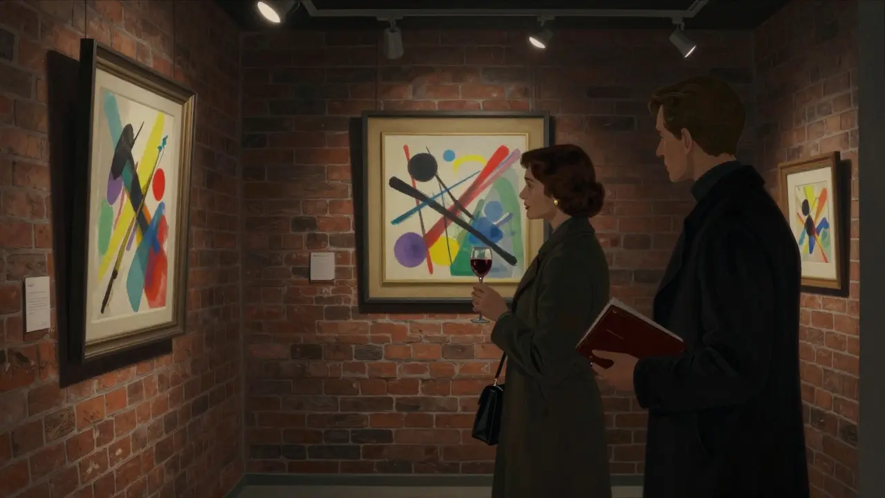 A woman and companion in a dimly lit Berlin art gallery, viewing a painting with subtle intimacy.