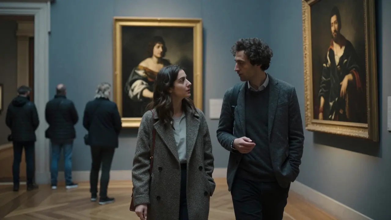 A woman and man viewing a Caravaggio painting in Brera's art gallery, deep in conversation.