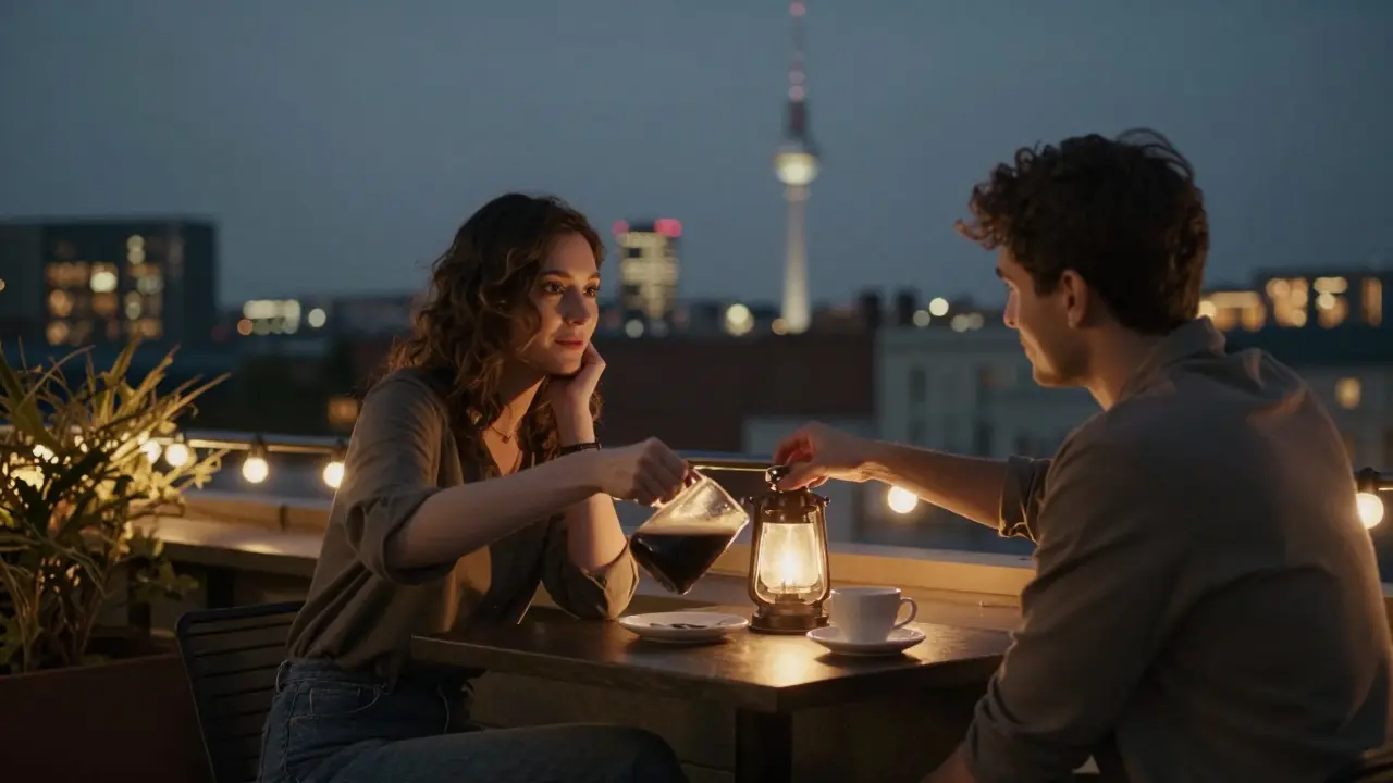 A woman pours coffee for a man at a softly lit rooftop bar with Berlin’s skyline glowing in the background.