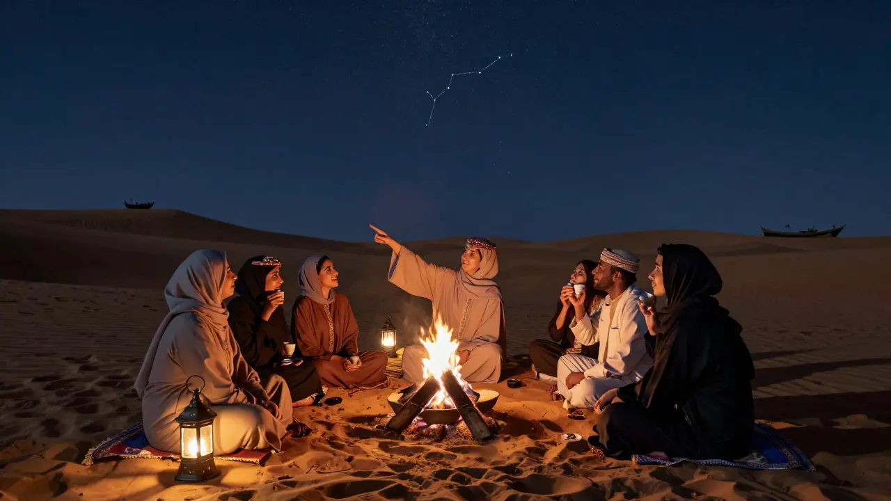 A woman sharing desert stories under the stars with a client beside a traditional Bedouin fire.