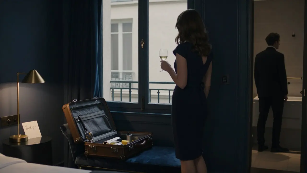 A woman standing by a hotel window in Paris, evening light softly glowing.