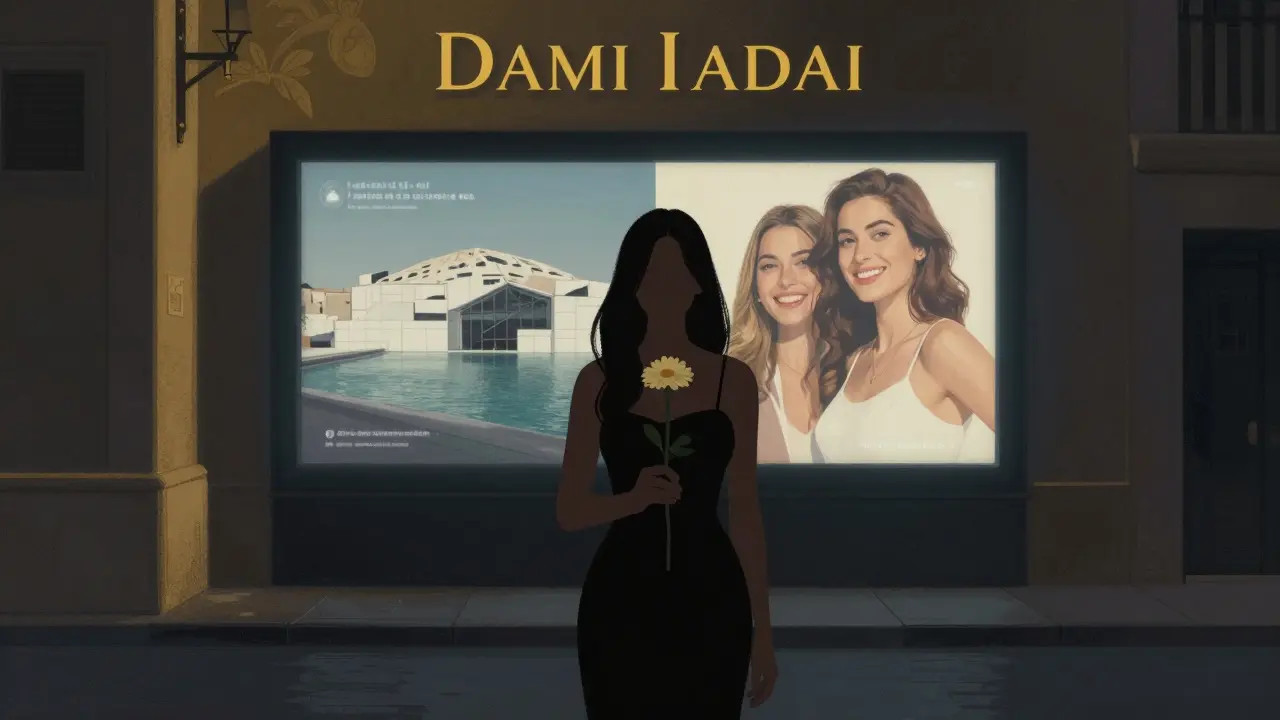A woman stands in a shadowy alley behind a luxury hotel, holding a flower, while digital ads showing staged images flicker nearby.