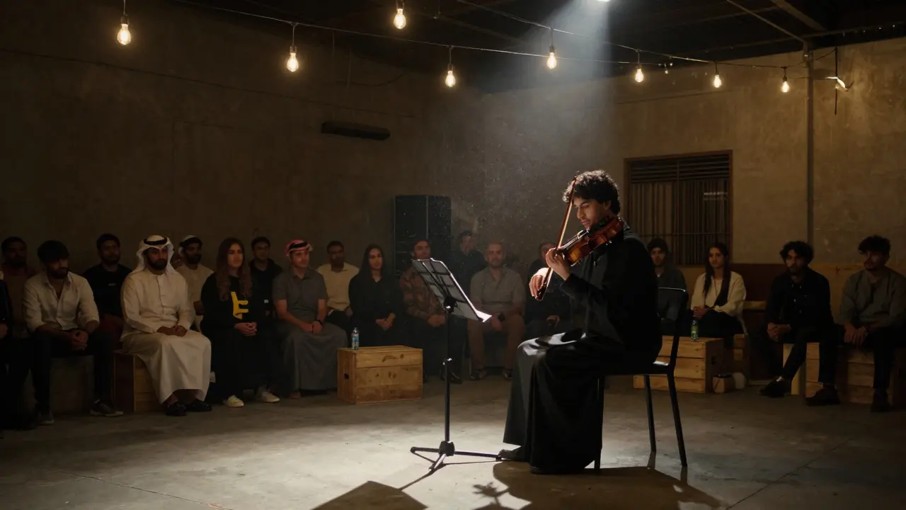 A young violinist plays a silent, emotional piece in Soundbox warehouse, the entire room captivated by the music.