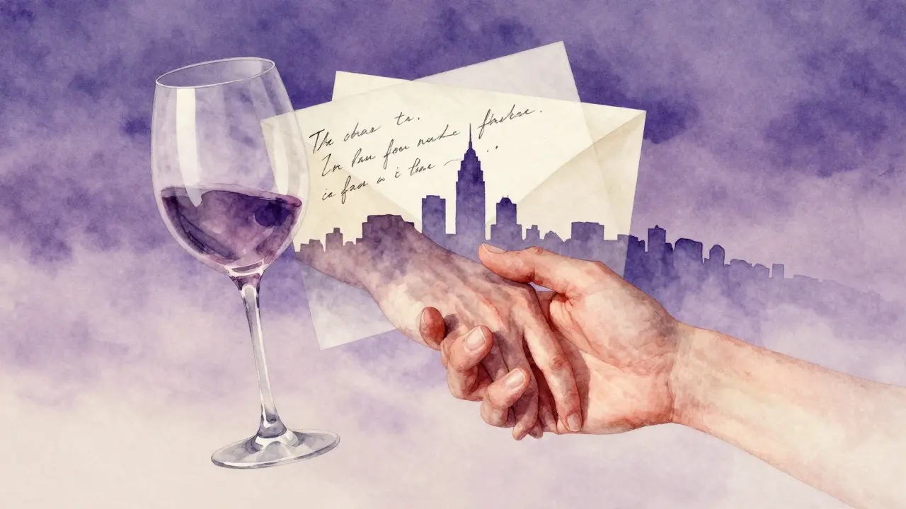 Abstract watercolor symbols of connection: hands, wine glass, letter, and city skyline.