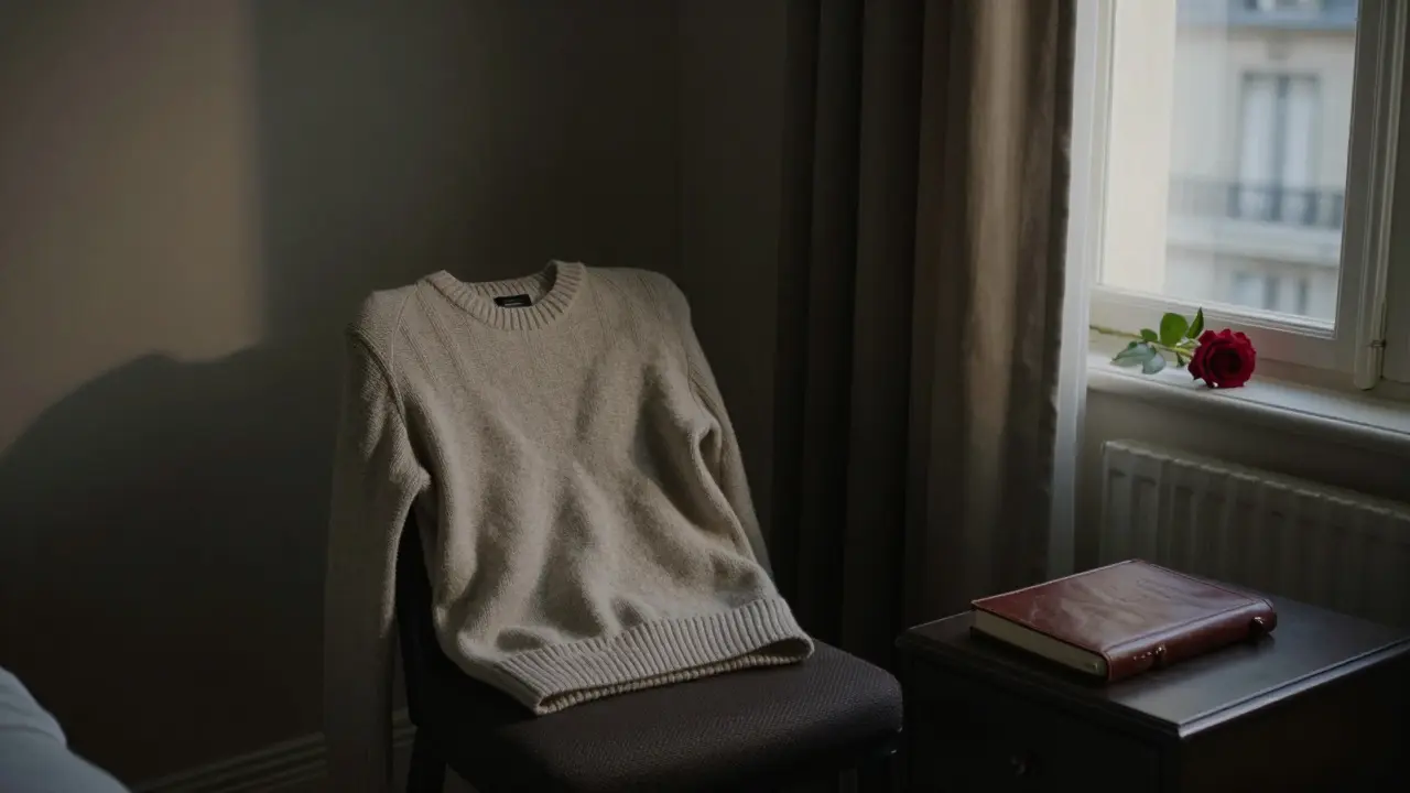 An empty hotel room with a folded sweater and a single rose on the windowsill.