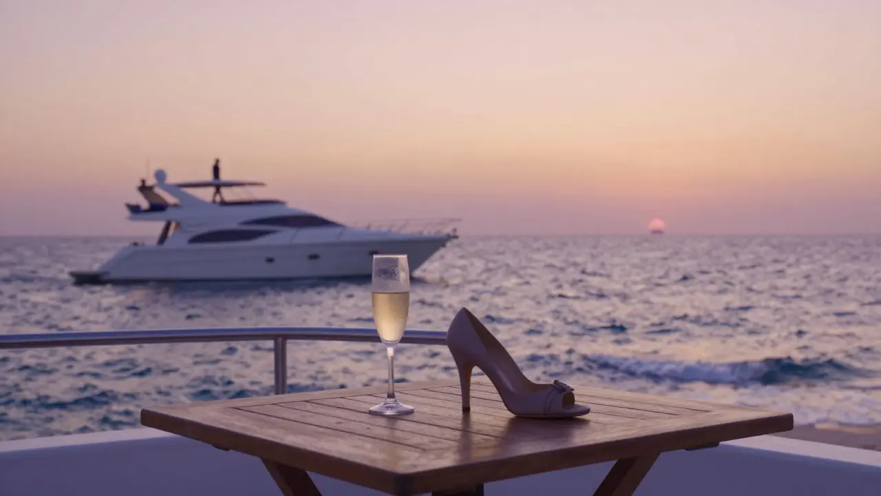 An empty yacht at sunset, champagne flute and high heel beside a teak table, calm sea stretching to the horizon.