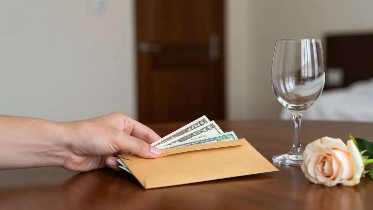 An envelope with cash and a rose on a hotel room table, symbolizing a dignified encounter.