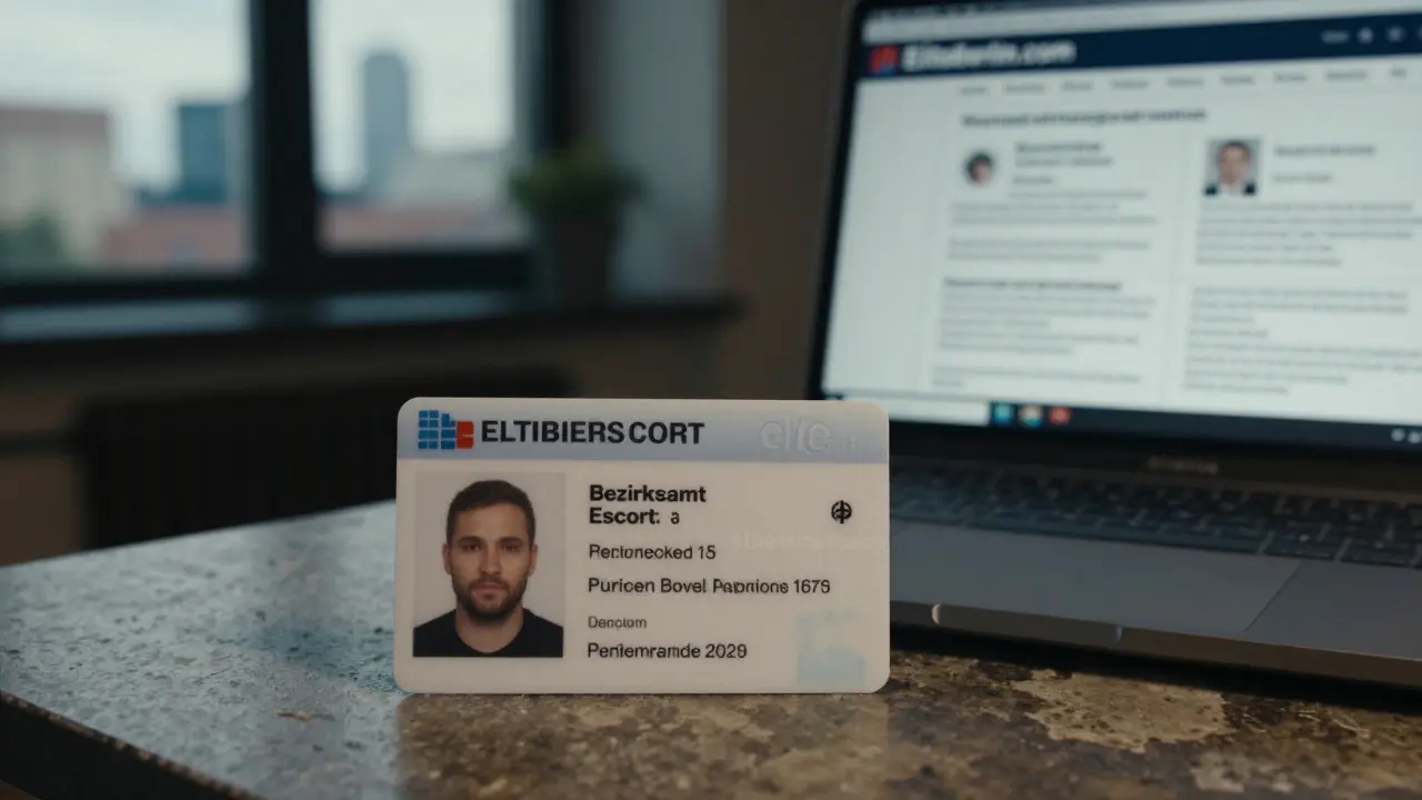 An official German escort ID card on a marble surface with a verified website on screen.