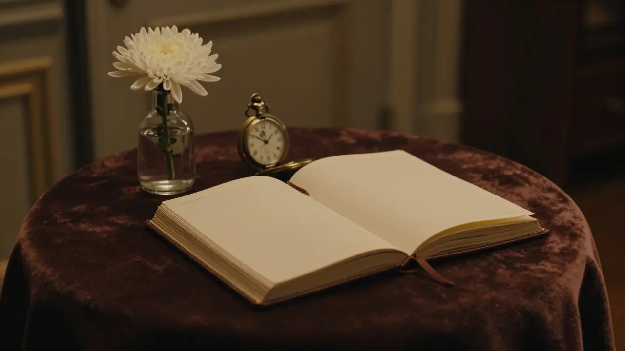 An open journal and vintage pocket watch beside a white chrysanthemum in a quiet room.