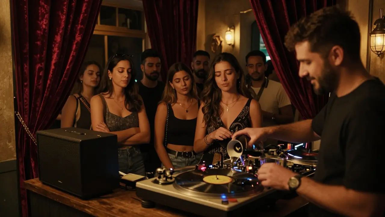 An underground speakeasy in downtown Abu Dhabi with velvet curtains, vinyl records playing, and a small crowd immersed in live music.