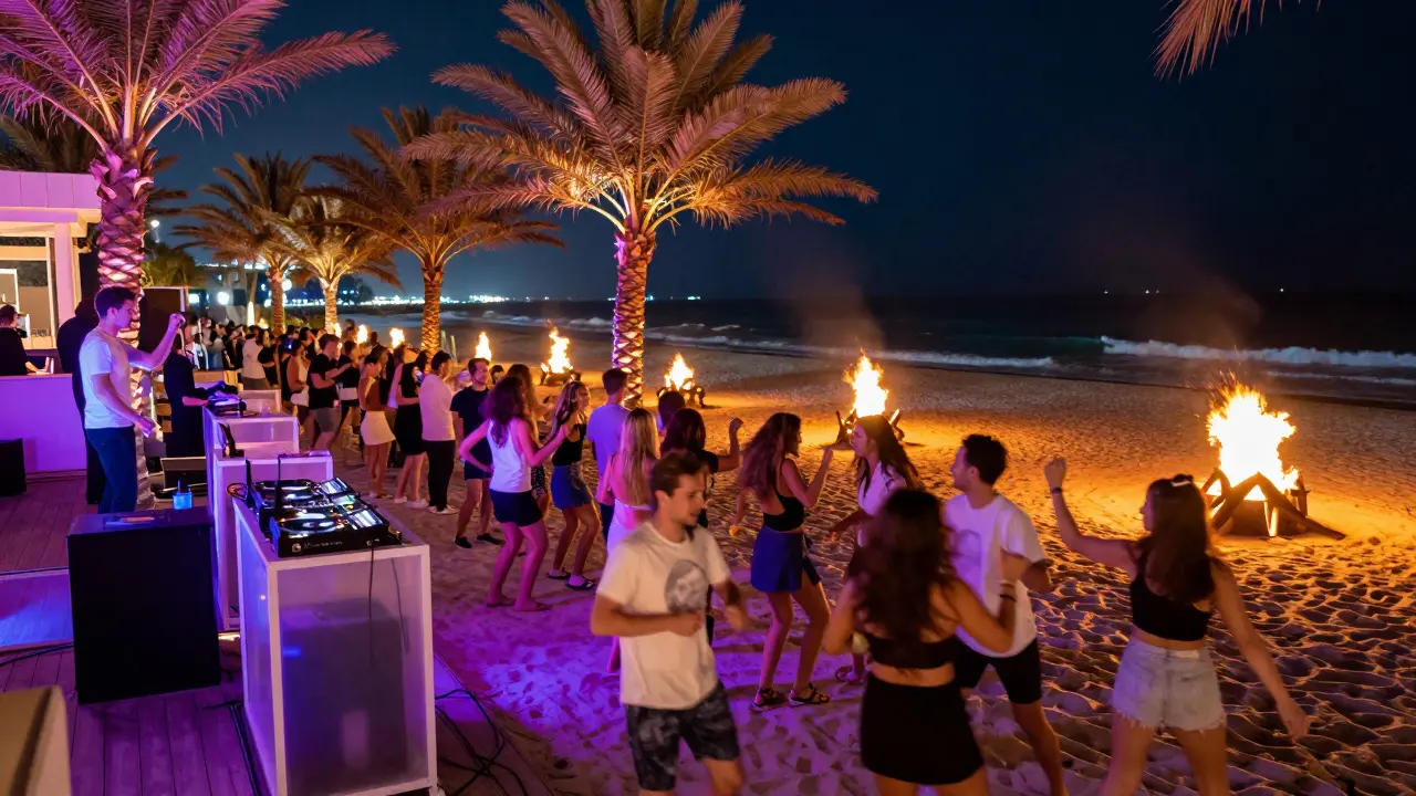 Beachfront nightclub at night with neon lights, dancing crowd, bonfires, and ocean waves under a starry sky.