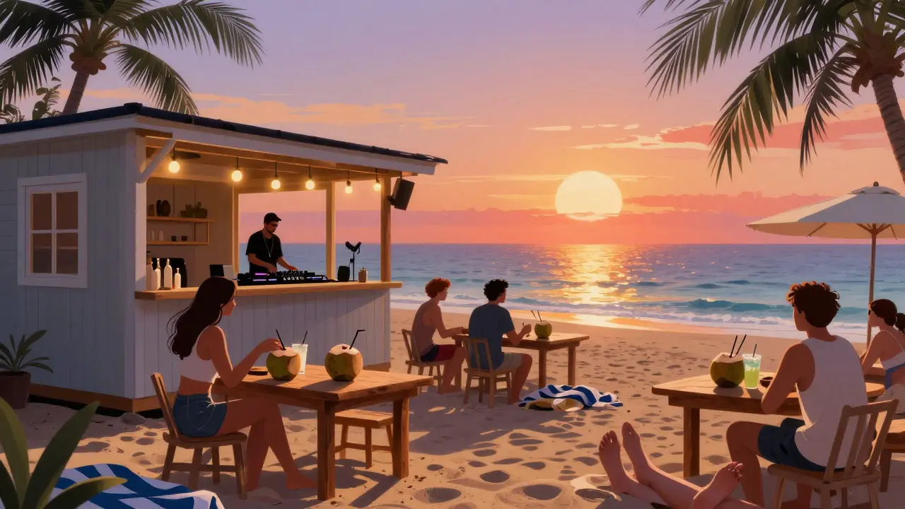 Beachside lounge at sunset with people drinking cocktails and listening to live music.