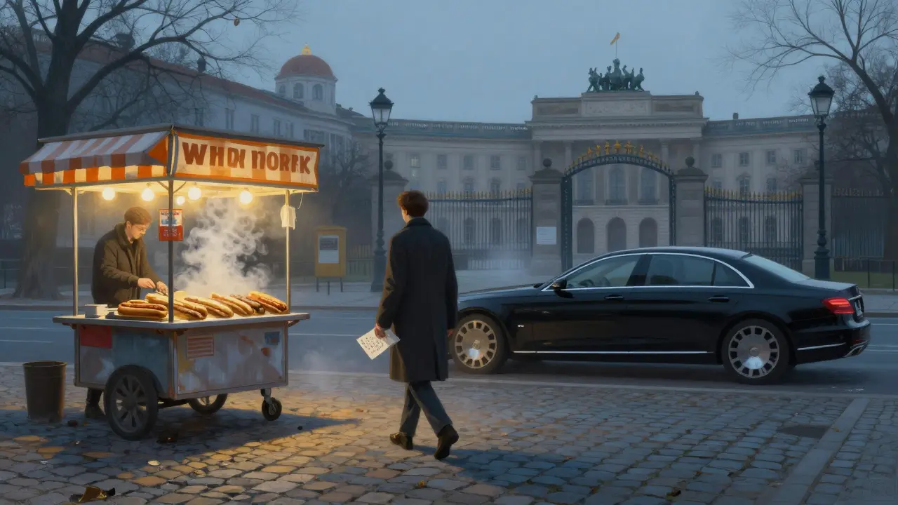 Berlin street at dawn: currywurst cart and luxury car side by side, a figure walks away with a letter.