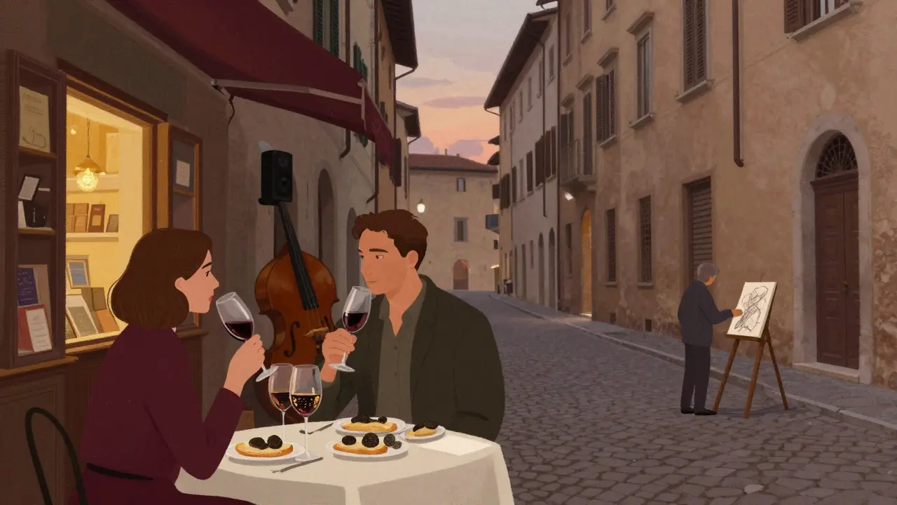Brera's cobblestone streets at dusk with couples enjoying wine and snacks outdoors.
