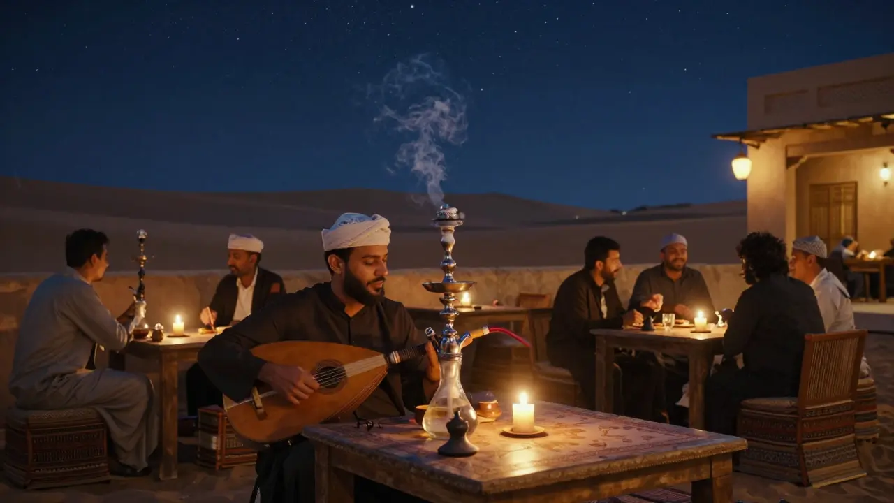 Candlelit Arabic lounge at Al Fanar with shisha, oud music, and intimate nighttime conversation.