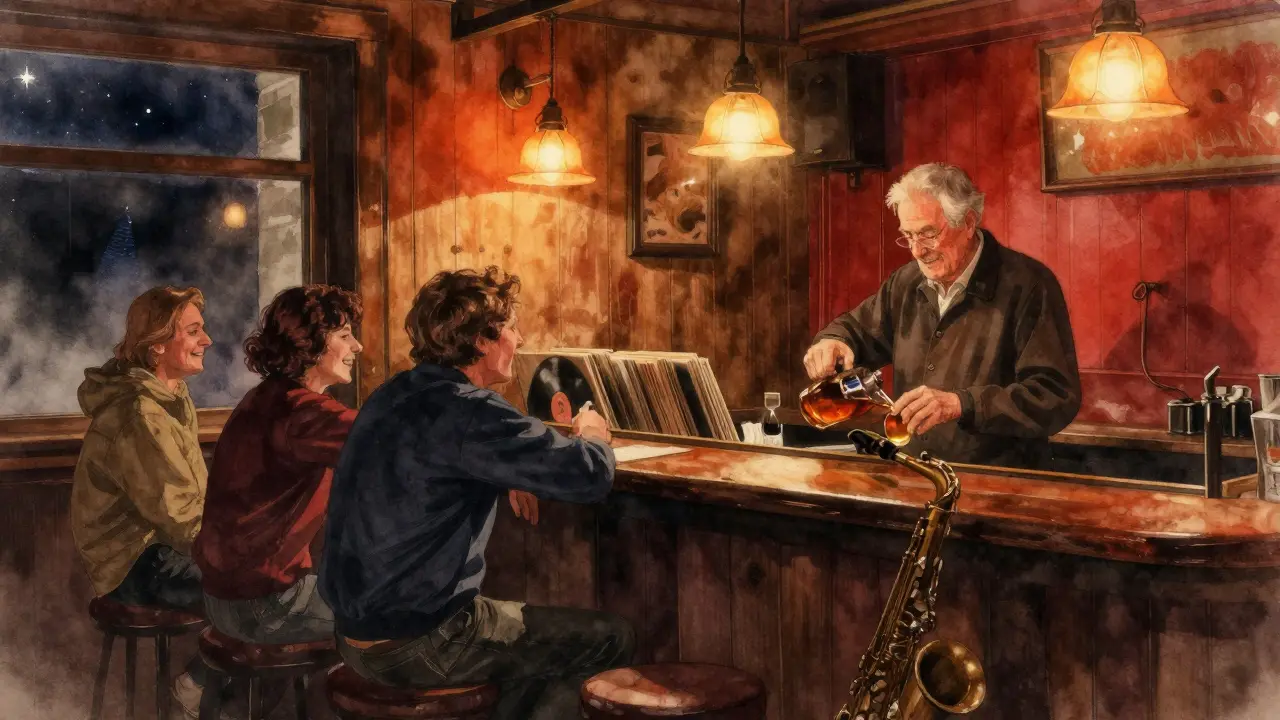 Cozy jazz cellar at night with warm lamplight, wooden walls, and locals enjoying music in quiet intimacy.