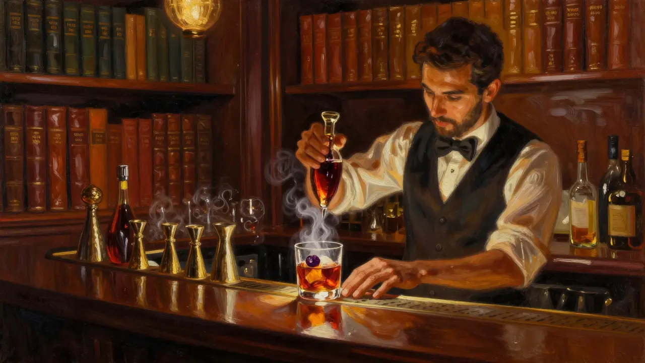 Cozy library bar with mixologist preparing a spiced date cocktail under warm lighting.