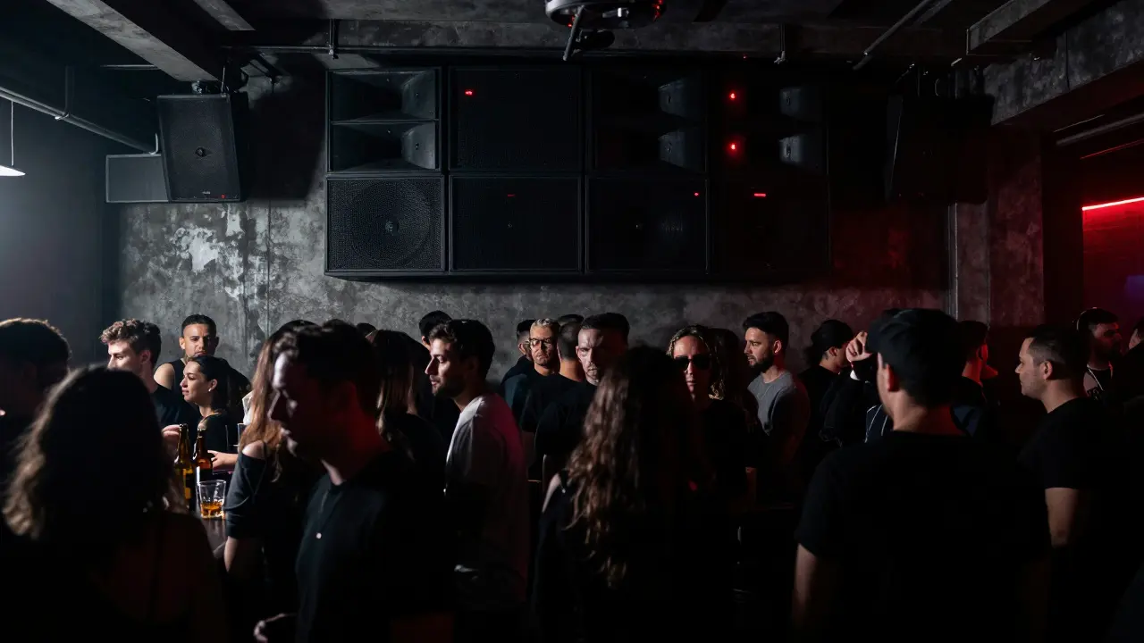 Crowd moving in unison in Karma's dark, industrial basement club with no decorations.