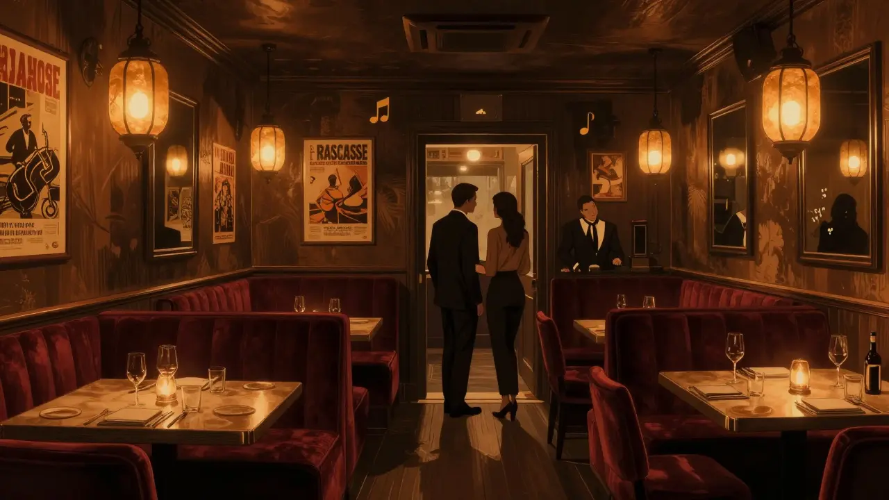 Dimly lit interior of Le Rascasse nightclub with velvet seating and warm lantern light, a couple being admitted by a doorman.