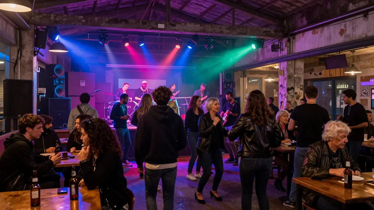 Diverse crowd dancing in a warehouse club in Lambrate, lights and music filling the space.