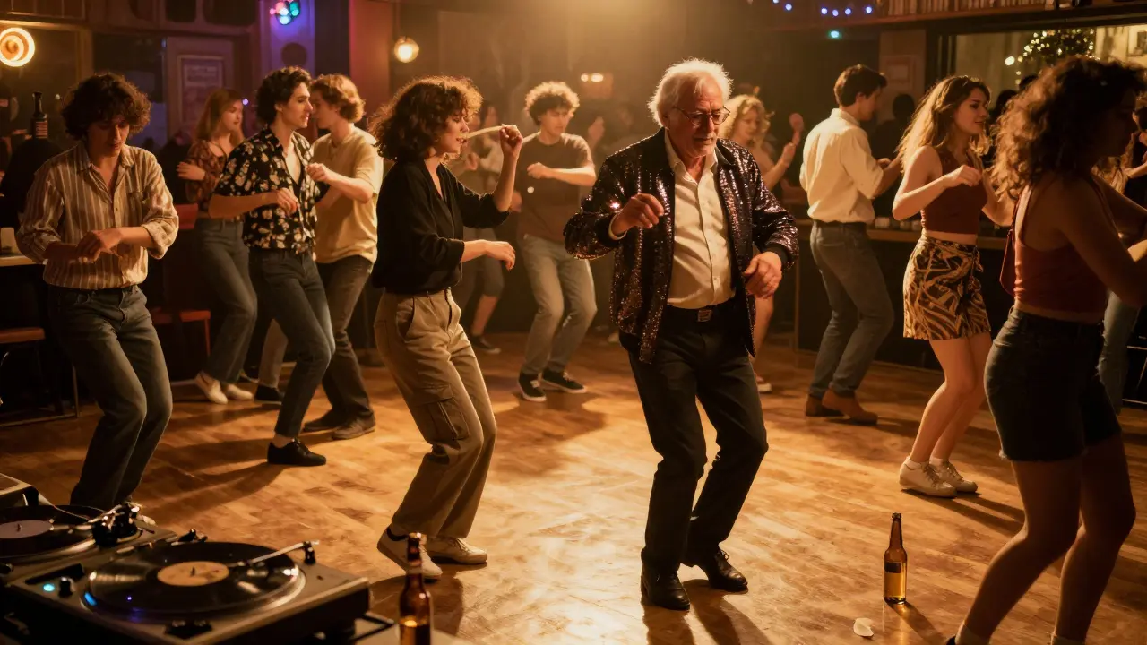 Diverse group of people dancing joyfully under vintage strobe lights
